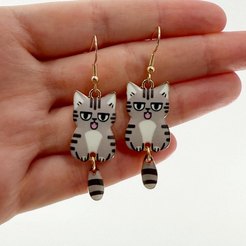 Tabby Earrings For Cat Mom, Cute Gray Cat Earrings For Cat Lady